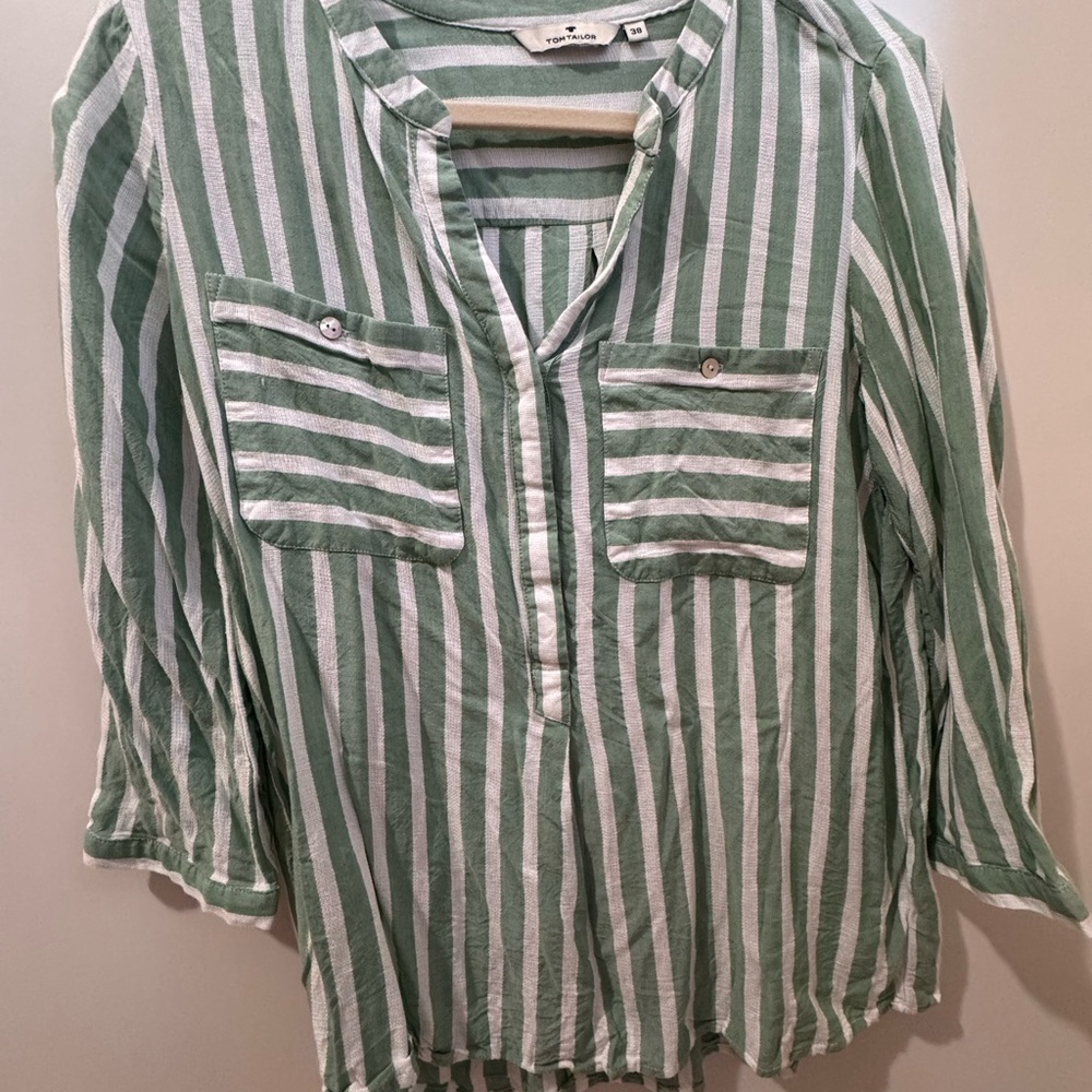 Tom Tailor Green and White Striped Linen Blouse